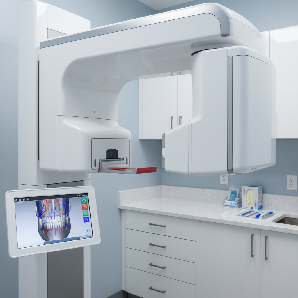A close-up, photographic realism image of a high-resolution digital dental CBCT scanner’s open gantry, its smooth white composite surfaces and brushed metal accents gleaming under cool, balanced studio lighting. The control panel screen on the side displays a detailed 3D rendering of a jawbone, with colored overlays on nerves and sinus cavities. The scanner is positioned in a pristine diagnostic room with light blue accent walls, built-in cabinetry, and neatly arranged sterile accessories on a nearby counter. The mood is highly professional, calm, and technologically advanced. Captured from a slightly low, three-quarter angle with a moderate depth of field, the scanner dominates the frame while the background is softly focused, emphasizing innovation and specialized oral imaging.